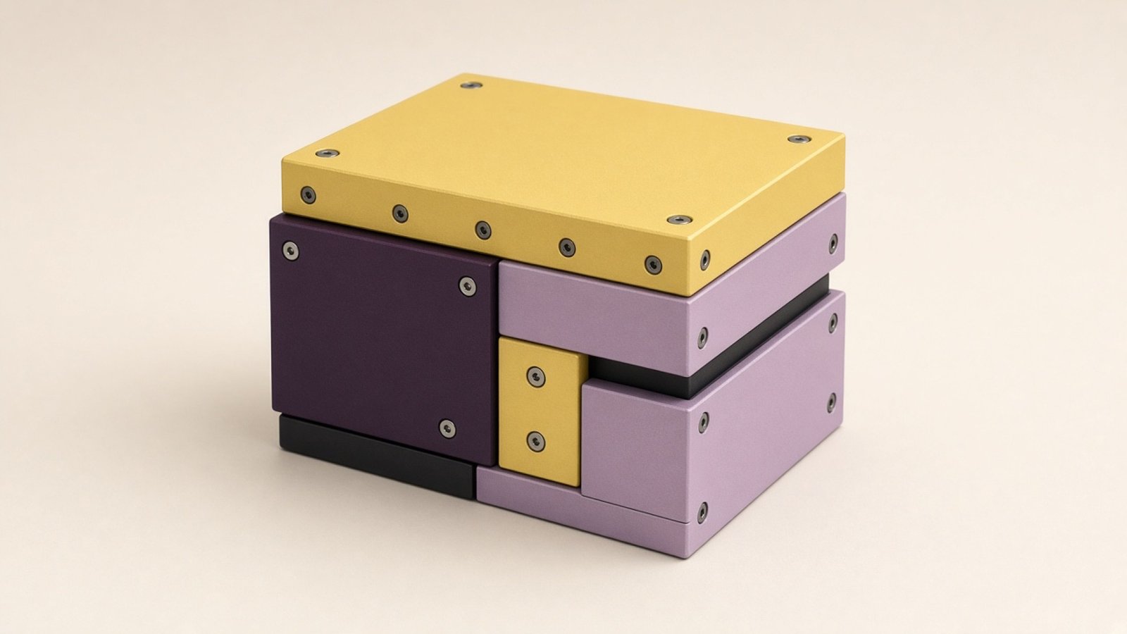 Stacked cubic modules in butter, mulberry, and lilac with machined aluminium fasteners.