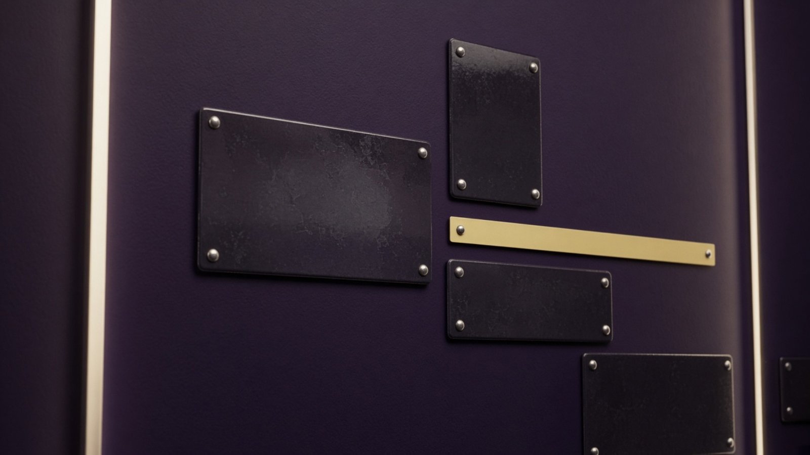 Dark enamel plates with a thin butter strip and aluminium fasteners.