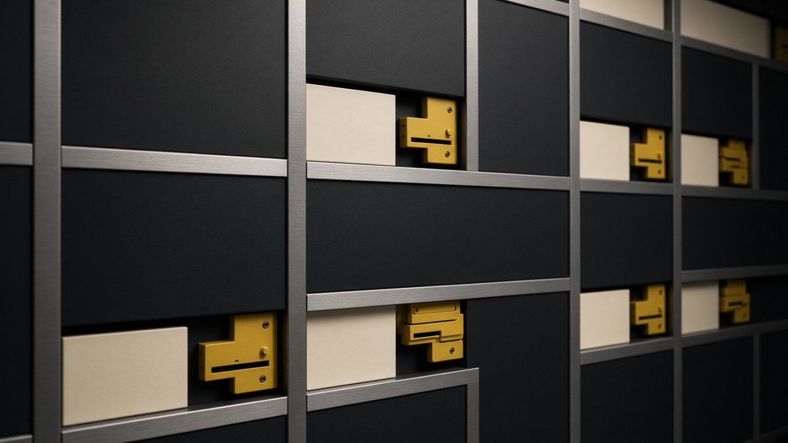 Modular enamel information panels with mechanical character cells in mulberry, butter, and cream.