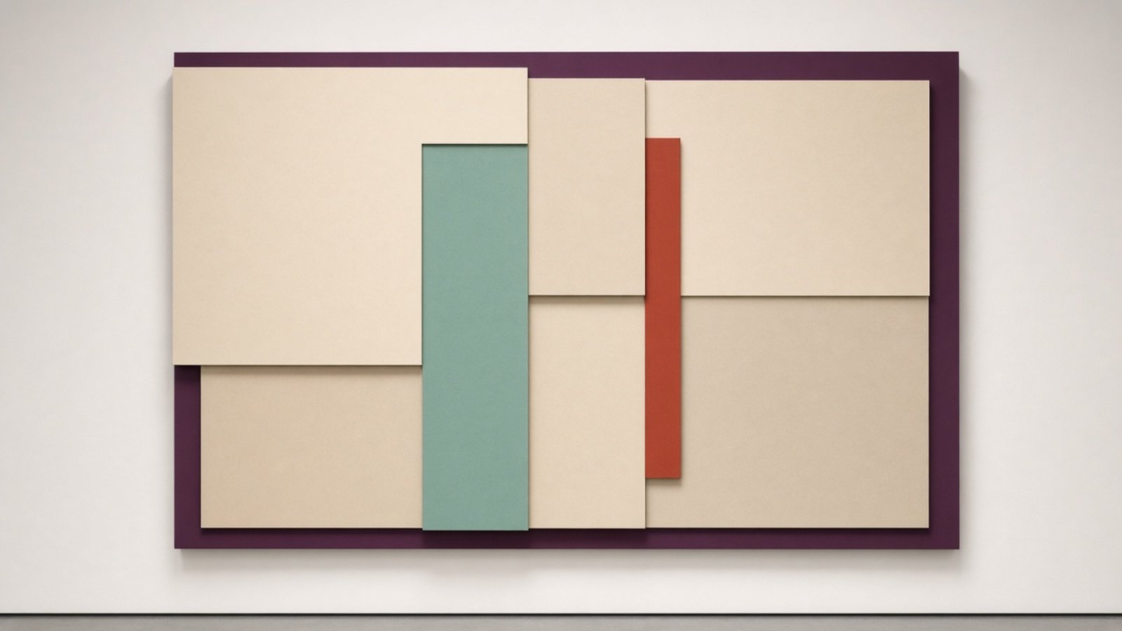 Modular cream and parchment wall installation with a seafoam panel and a paprika strip.