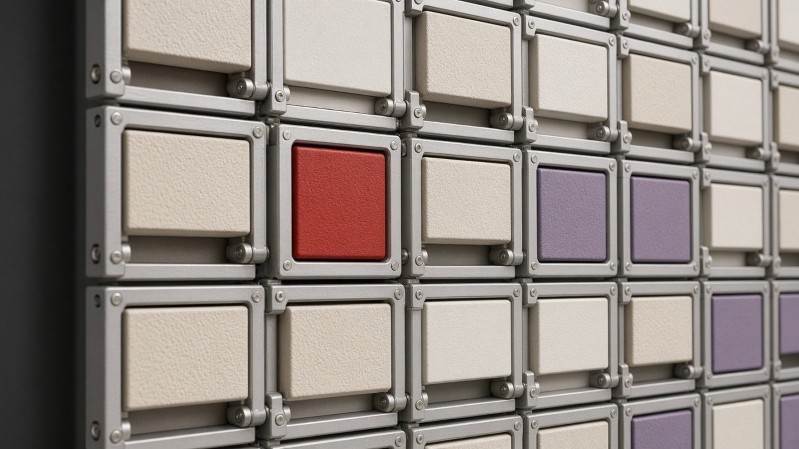 Modular tactile button grid in cream, paprika, and aluminium.